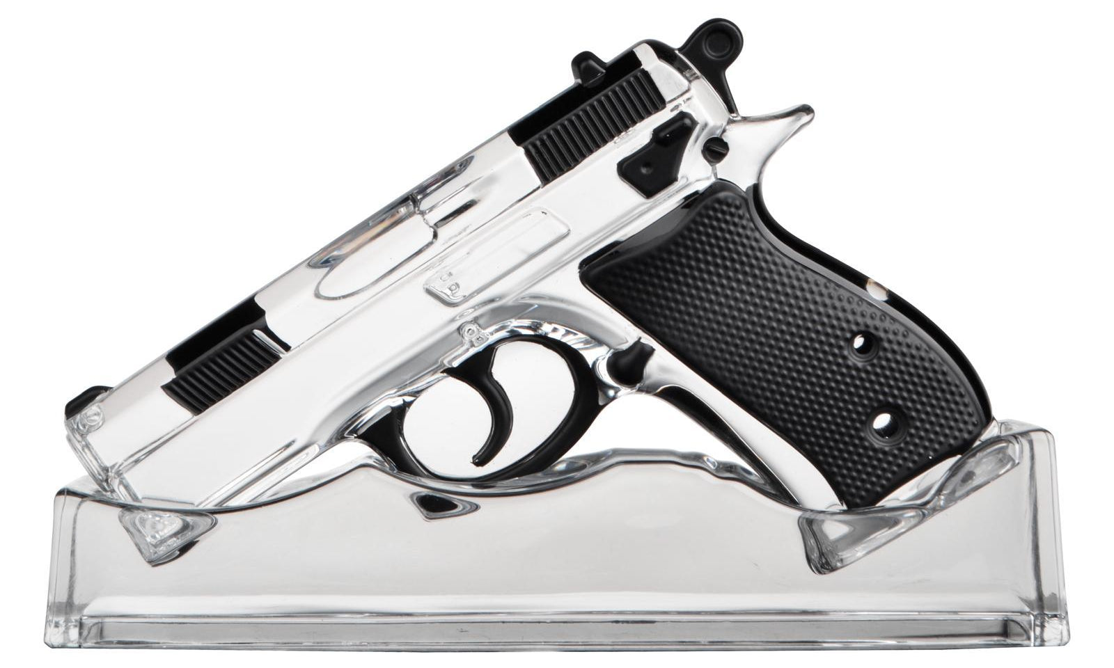 Model of a handgun on a clear stand against a white background